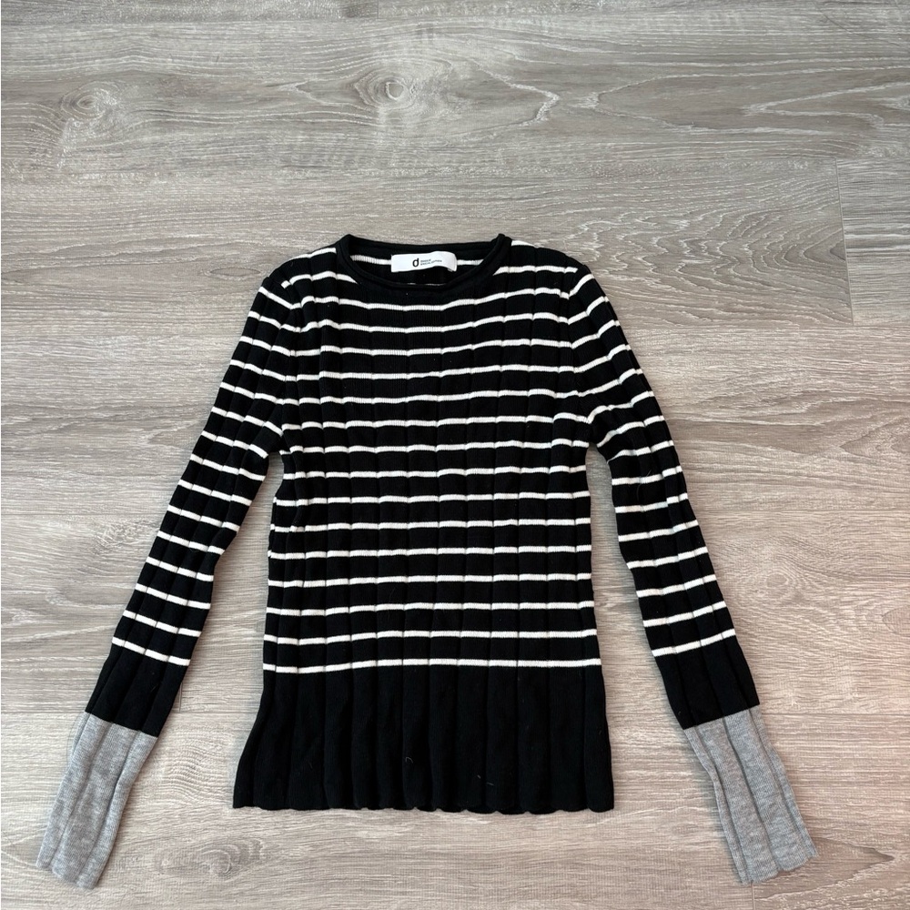 Black and White Striped Sweater with Gray Sleeves